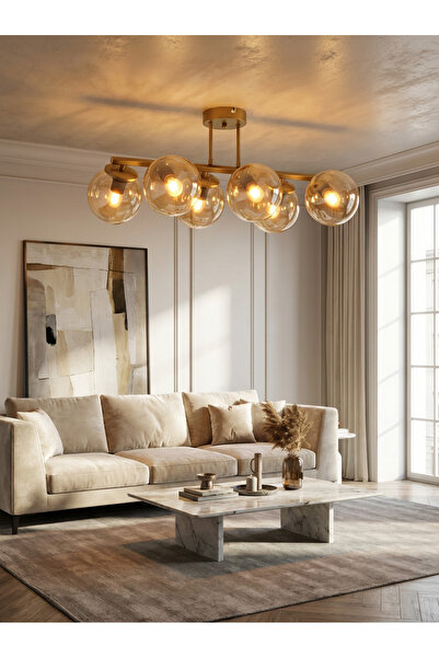 avimonaydınlatma TİVOLİ 6 LI ESKİTME RENKTE BAN RENGİ GLOB CAMLI PLAFONYER AVİZE OTURMA ODASI SALON YATAK ODASI