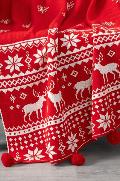Sevim Snowflake Detailed Pompom Knitted Knitwear Tv Blanket–Christmas Gift-130X170 Cm-Red