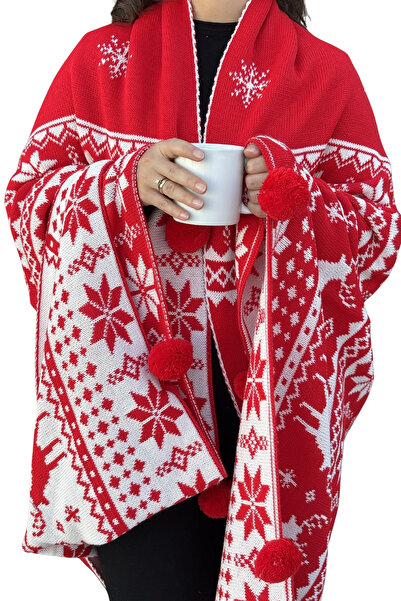 Sevim Snowflake Detailed Pompom Knitted Knitwear Tv Blanket–Christmas Gift-130X170 Cm-Red