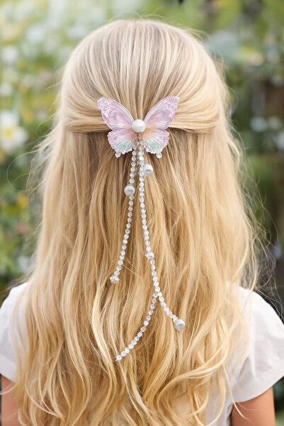 VİTRİNMİXMİNİ مشبك فراشة متدلي باللون الوردي مع تفاصيل اللؤلؤ - في صندوق - قط...