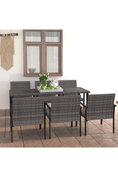 vidaxl طقم طعام للحديقة من 7 قطع مصنوع من مادة البولي راتان باللون الرمادي