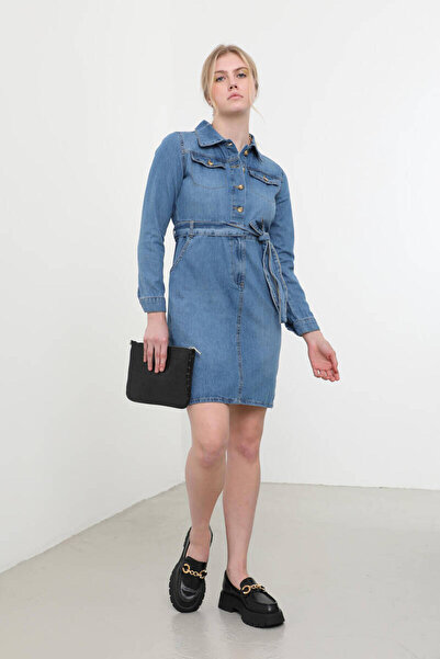 Bluewhite Women's Long Sleeve Jean Dress Blue
