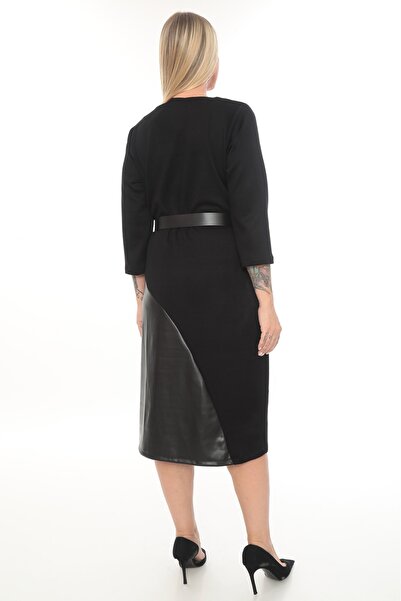 etselements V-Neck Belt Detailed Leather Garnil Dress Ets1012