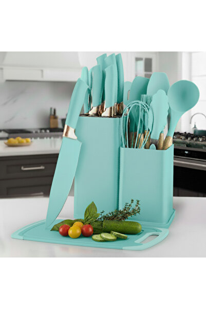 YAH Creation مجموعة أدوات مطبخ فاخرة من السيليكون من YAH، مكونة من 19 قطعة، بمقابض خشبية وسكاكين من الفولاذ المقاوم للصدأ، لون فيروزي