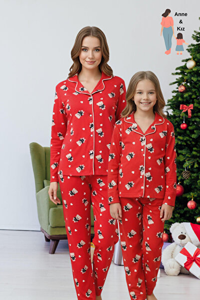 Zekalya Mother-Daughter Matching Outfit (Sold Separately) Teddy Bear Pattern Shirt Collar Red Pajama Set