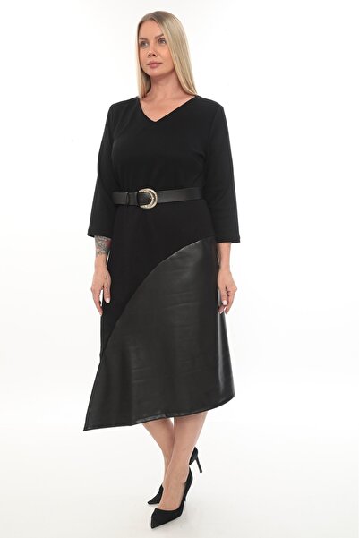 etselements V-Neck Belt Detailed Leather Garnil Dress Ets1012