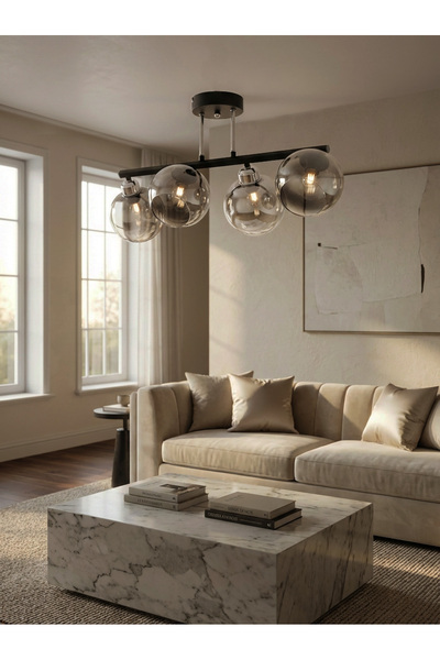 avimonaydınlatma LUKA 4'LÜ SİYAH - KROM FÜME CAMLI PLAFONYER AVİZE OTURMA ODASI SALON YATAK ODASI