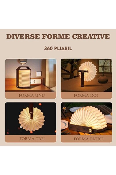 Marcoshop Lampă portabilă retractabilă acordeon Origami, 4 forme, LED, reîncărcabilă USB, Nuc, 17,5 cm