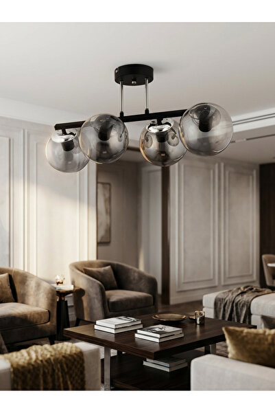 avimonaydınlatma TİVOLİ 4'LÜ SİYAH - KROM FÜME GLOB CAMLI PLAFONYER AVİZE OTU...