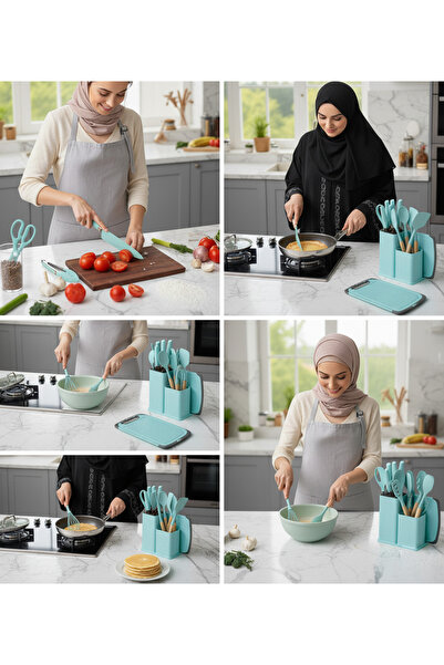 YAH Creation مجموعة أدوات مطبخ فاخرة من السيليكون من YAH، مكونة من 19 قطعة، بمقابض خشبية وسكاكين من الفولاذ المقاوم للصدأ، لون فيروزي