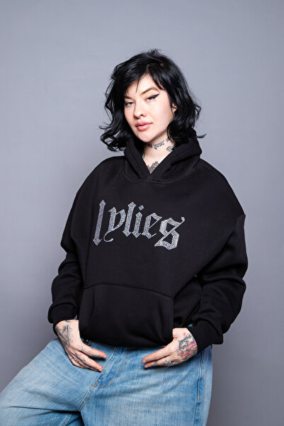 Sekizbiraltı Lylies Taş Baskılı Oversize Unisex Siyah Hoodie