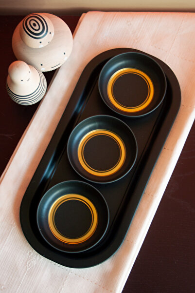 Sarkap Home 3'lü Çerezlik ve Sunumluk Tepsi Seti - Siyah & Gold