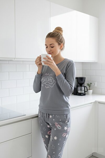 GUAVA+ Women's Grey Crew Neck Buttonless Winter Thermal Jogger Long Sleeve Pajama Set with Ankle Cuffs and Pockets