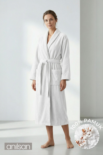Anılsan Şalyaka Bornoz Beyaz %100 Pamuk Unisex Spa Için Ideal, Günlük Kullanıma Uygun Kadın/Erkek