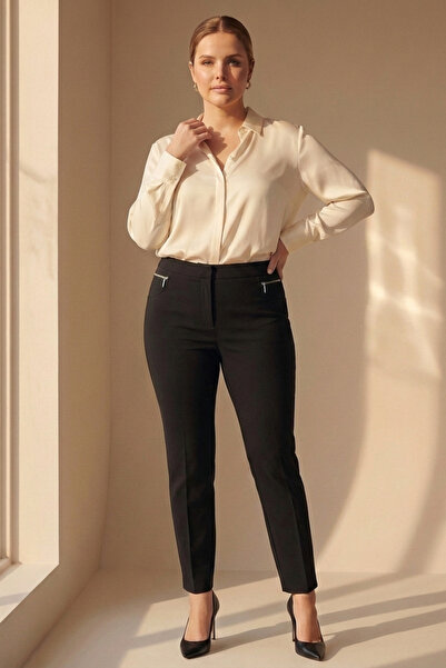 Hanezza Women's Plus Size Ankle Length 360° Lycra Black Slim Fit Fabric Trousers