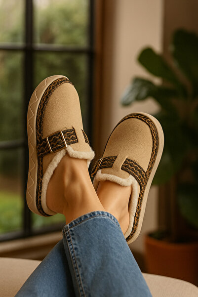 Platana Günlük Bej Suni Kürklü Kışlık Ev Terlik