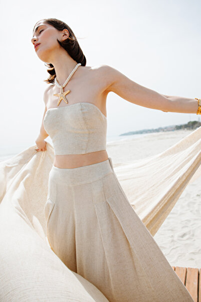 İKİKIZ Kadın Naturel Keten Bandeau Bluz