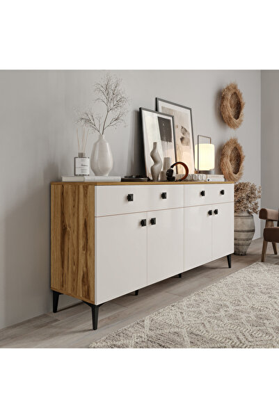 mapahomeliving Livia Konsol – 180 cm Aytaşı Ceviz 4 Kapaklı 2 Çekmeceli Modern Konsol