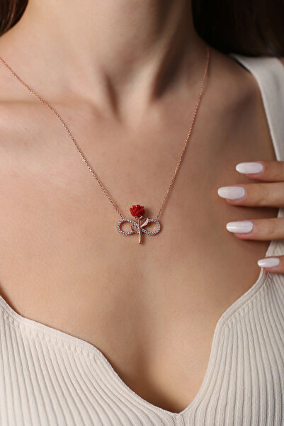 SUNSHINE 925 Ayar Rose Kaplamalı Beyaz Taşlı Kırmızı Mineli Güllü Sonsuzluk Gümüş Kolye