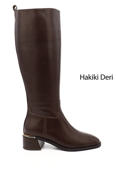 GÖNDERİ(R) Women's Brown Platinum Zippered Thick Heeled Genuine Leather Boots