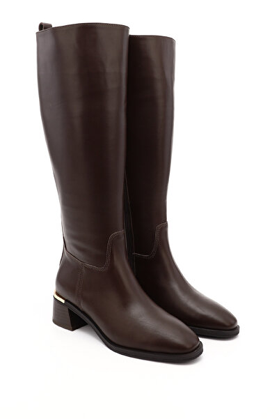 GÖNDERİ(R) Women's Brown Platinum Zippered Thick Heeled Genuine Leather Boots