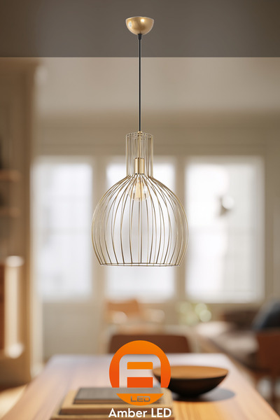 AmberLED Tel Tekli Sarkıt Parlak Gold Metal Gövde ile Modern Salon Aydınlatma...