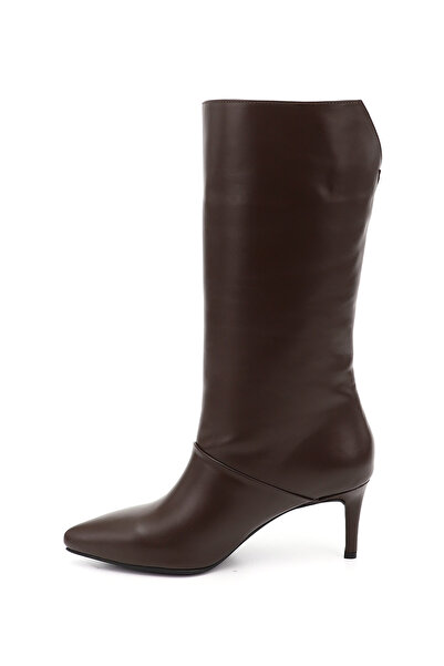 GÖNDERİ(R) Women's Brown Platinum Zippered Thin Heeled Genuine Leather Boots