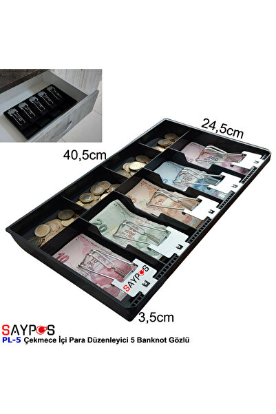 SAYPOS Metal Mandallı Rampalı Çekmece İçi Para Düzenleyici 5 Banknot 4 Bozuk Para Gözlü 40,5x24,5x3,5cm