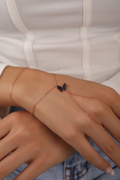 SUNSHINE 925 Ayar Rose Kaplamalı Siyah Taşlı Kelebek Gümüş Şahmeran