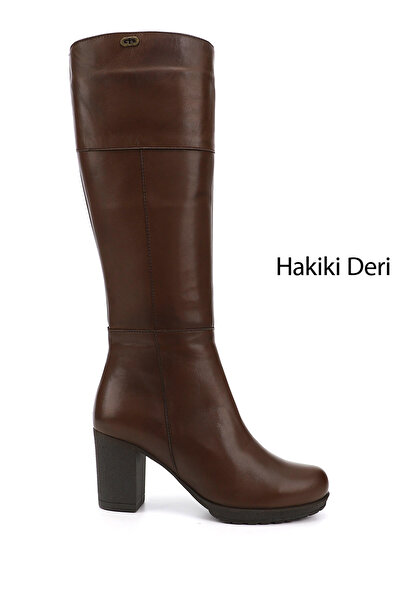 GÖNDERİ(R) Women/Girls Brown Zippered Thick Heeled Genuine Leather Boots