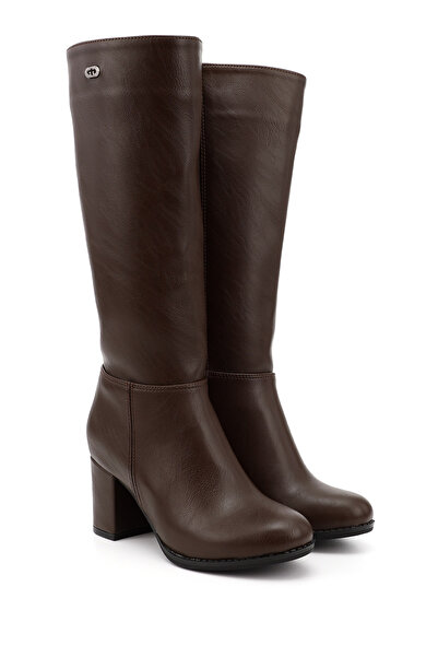 GÖNDERİ(R) Women's Brown Round Toe Zippered Thick Heeled Boots