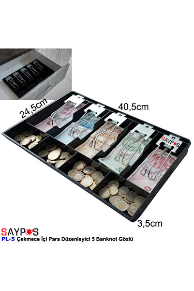 SAYPOS Metal Mandallı Rampalı Çekmece İçi Para Düzenleyici 5 Banknot 4 Bozuk Para Gözlü 40,5x24,5x3,5cm