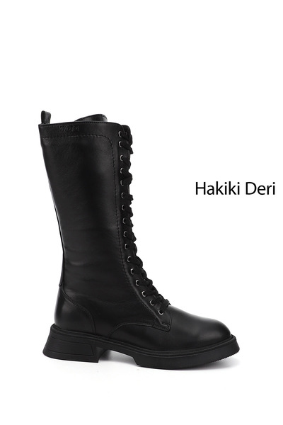 GÖNDERİ(R) Γυναικείες μαύρες μπότες από γνήσιο δέρμα με χοντρό τακούνι με φερ...