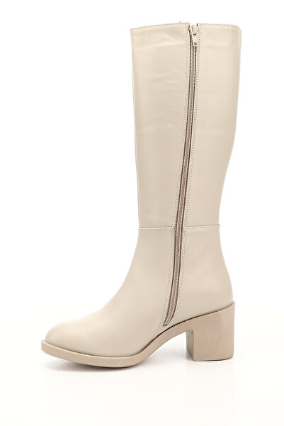 GÖNDERİ(R) Women's Beige Zippered Thick Heeled Genuine Leather Boots