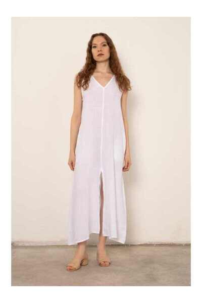 İpekçi Otantik V Yakalı Yırtmaçlı Ham Keten Elbise