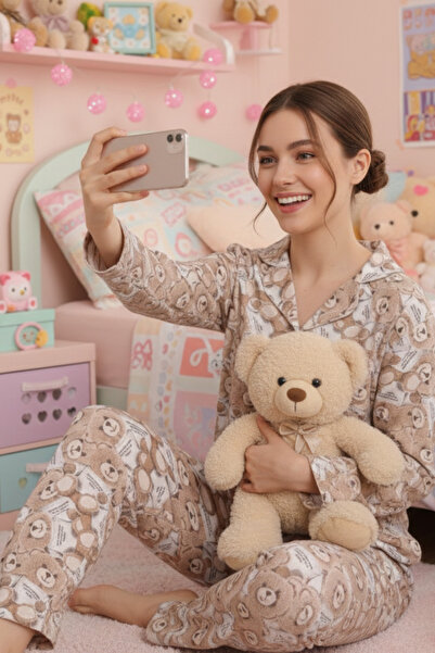 STRAWBERRY Coffee Ground Teddy Bear Pattern Long Sleeve Women's Pajama Set