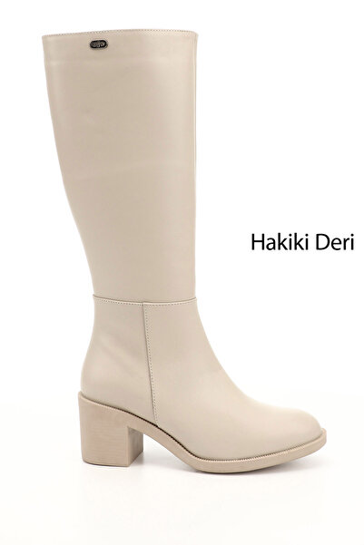 GÖNDERİ(R) Women's Beige Zippered Thick Heeled Genuine Leather Boots