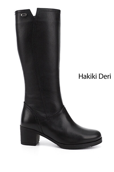 GÖNDERİ(R) Kadın Siyah Floter Fermuarlı Kalın Topuklu Hakiki Deri Çizme