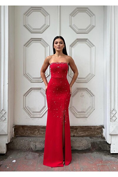 Modafeminen Strapless Tas Design Slit Fish Evening Dress 583337 Red