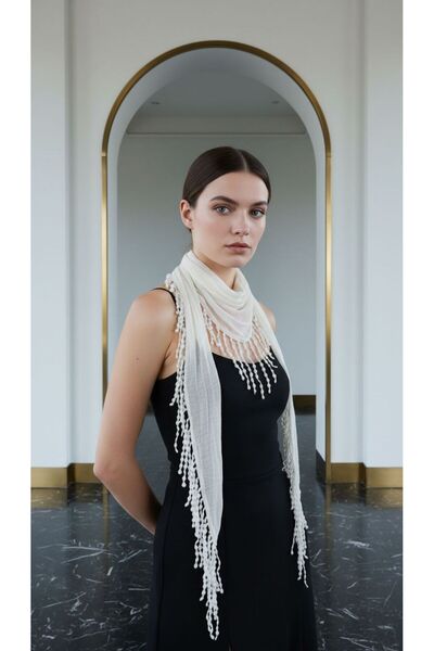 Gönülden Tasarım Beyaz Güpür Püsküllü Şifon Kadın Fular Şal