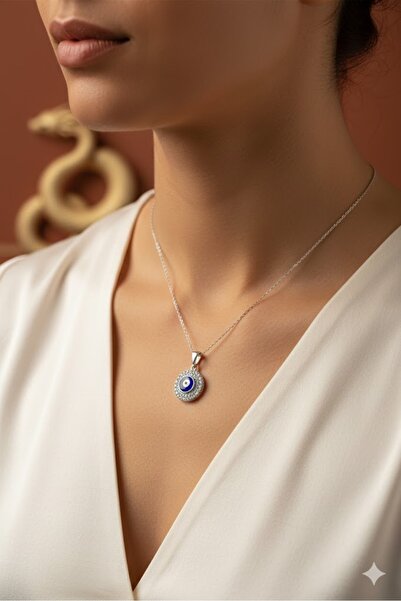 SUNA BEYAZ MİNİMAL TAŞLI NAZAR BONCUKLU KOLYE UCU VE ZİNDİRİ-KUTULU