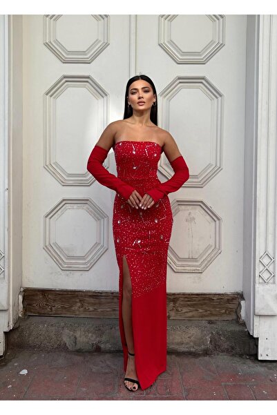Modafeminen Strapless Tas Design Slit Fish Evening Dress 583339 Red