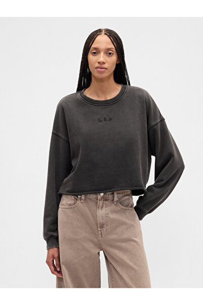 GAP Kadın Koyu Gri Heavyweight Fransız Havlu Kumaş Logo Crop Sweatshirt