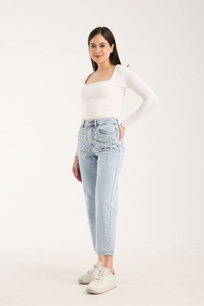 REDZARRAM ανοιχτό μπλε κομψό γυναικείο παντελόνι με κανονική μέση και πέτρα μπροστά