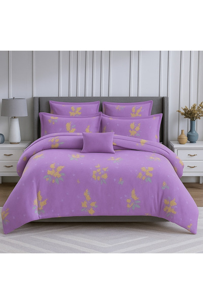 Casa Pucioasa 6 Piece Bed Linen - High Class Special Cotton, Violet Floral Pattern,
