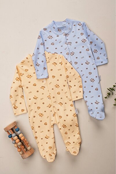 ENİA BABY Erkek Bebek 2 Adet %100 Pamuklu Patikli Tulum Seti