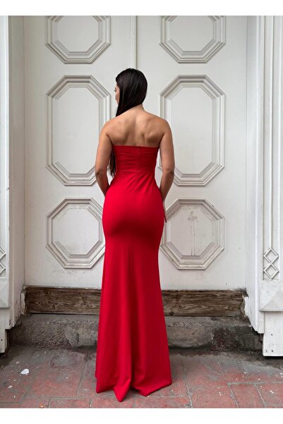 Modafeminen Strapless Tas Design Slit Fish Evening Dress 583337 Red
