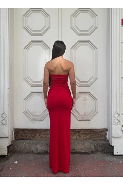 Modafeminen Strapless Tas Design Slit Fish Evening Dress 583339 Red