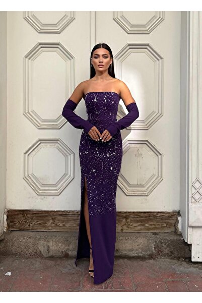 Modafeminen Strapless Tas Design Slit Fish Evening Dress 583339 Purple