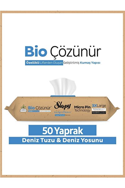 Sleepy Bio Çözünür Yüzey Temizlik Havlusu&mendili Deniz Tuzu&yosun 50 Yaprak